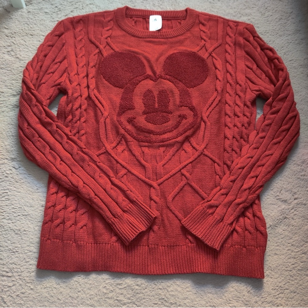Disney Parks Exclusive Men's Mickey Mouse Red Crewneck Cable Knit Sweater Terry
